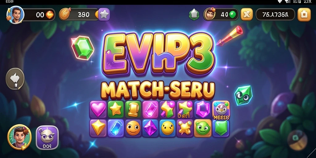 Screenshot gameplay EVIP3 menampilkan permata berwarna-warni dan pengaturan level yang menarik.
