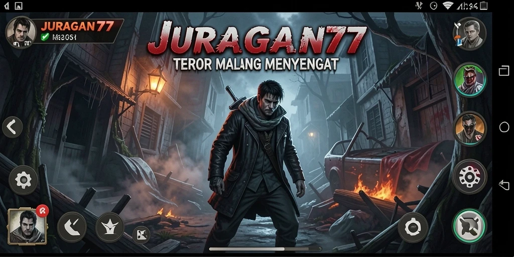 Screenshot utama JURAGAN77 menunjukkan momen seram di dalam game.
