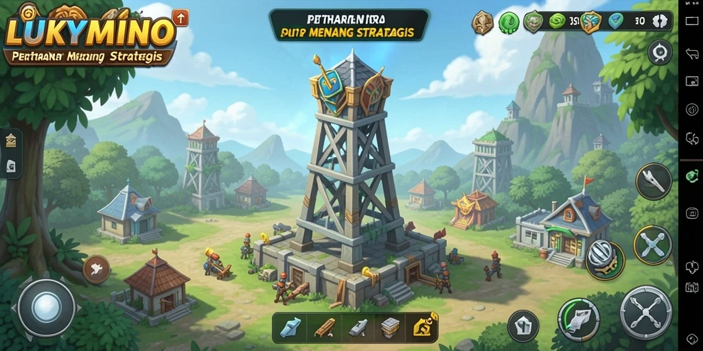 Screenshot gameplay LUKYMINO menunjukkan menara dan musuh dalam pertarungan strategis.