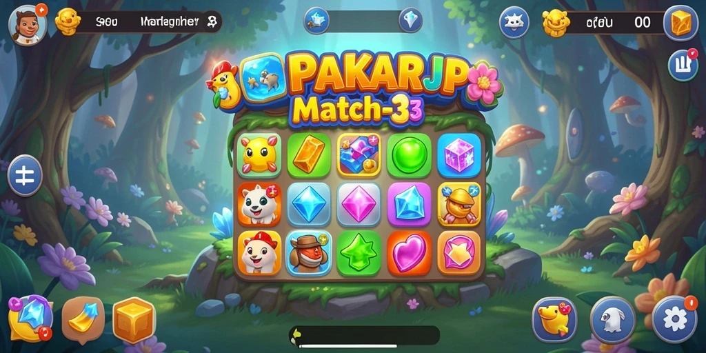 Tampilan gameplay PAKARJP dengan kombinasi permata warna-warni.