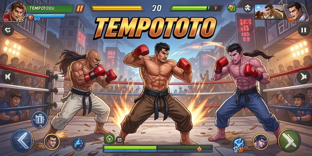 Gameplay TEMPOTOTO menampilkan aksi pertarungan yang intens dan mendebarkan.