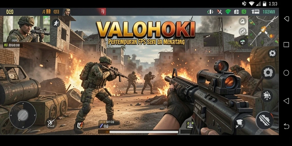 Screenshot gameplay VALOHOKI memperlihatkan aksi pertempuran FPS yang intens.